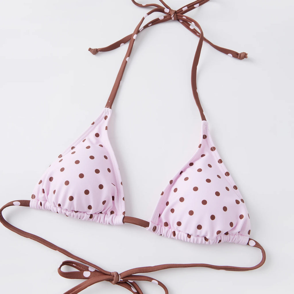 Women 2 Pieces Bikini Swimsuits Dots Print Tie-Up Halter Sleeveless Padded Bra Thong Bottoms