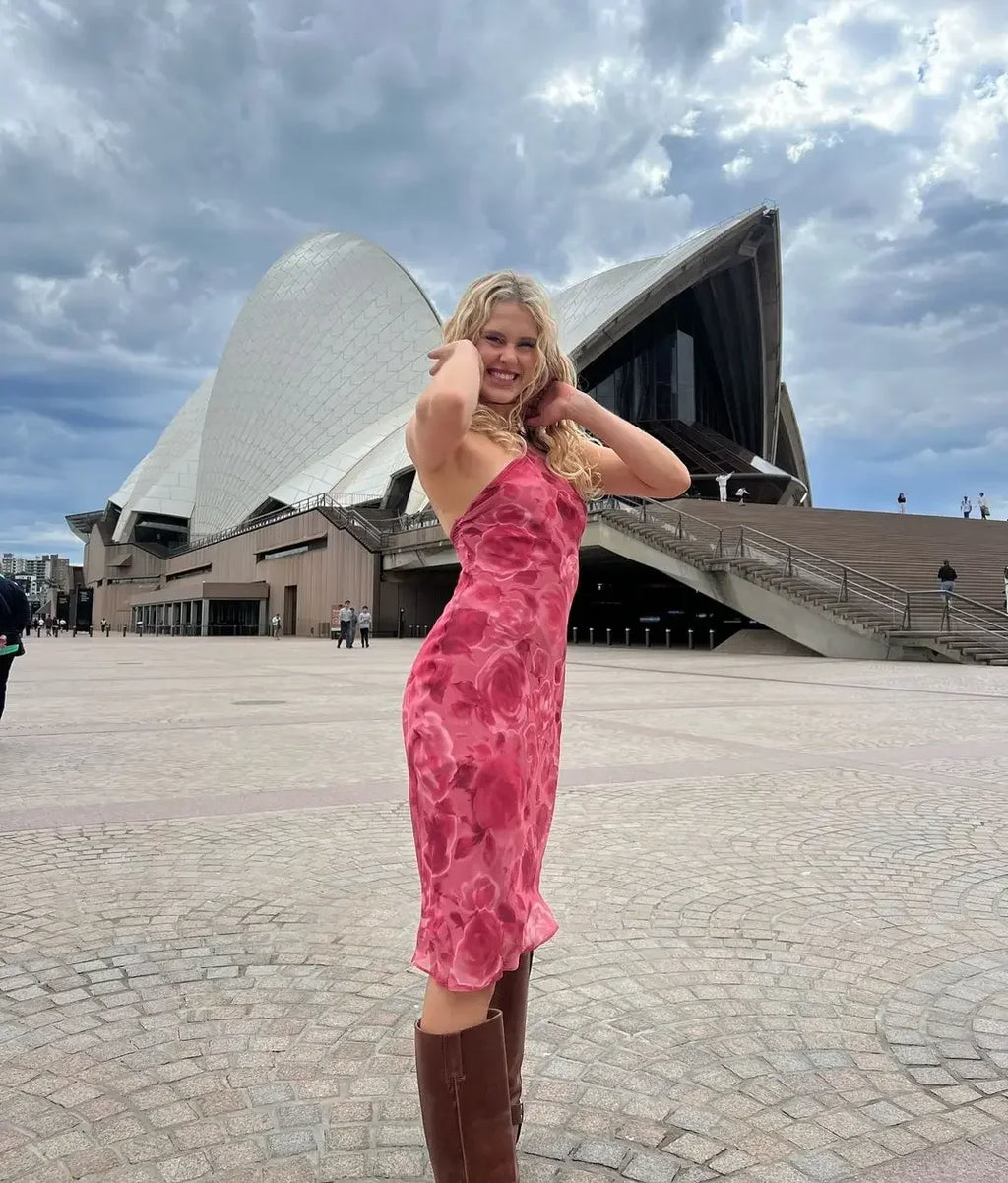 Floral Print Halter Dress With Backless Bodice Sleeveless Bodycon