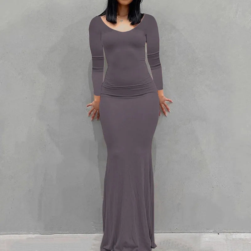 Long Sleeve Dress With Slim Silhouette And Flowing Maxi Skirt