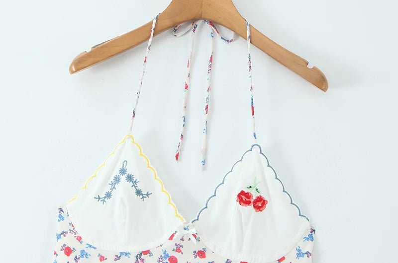 Women Fashion Sweet Floral Print Chic Halter Neck Cami Mini Y2K Embroidery Backless Dress
