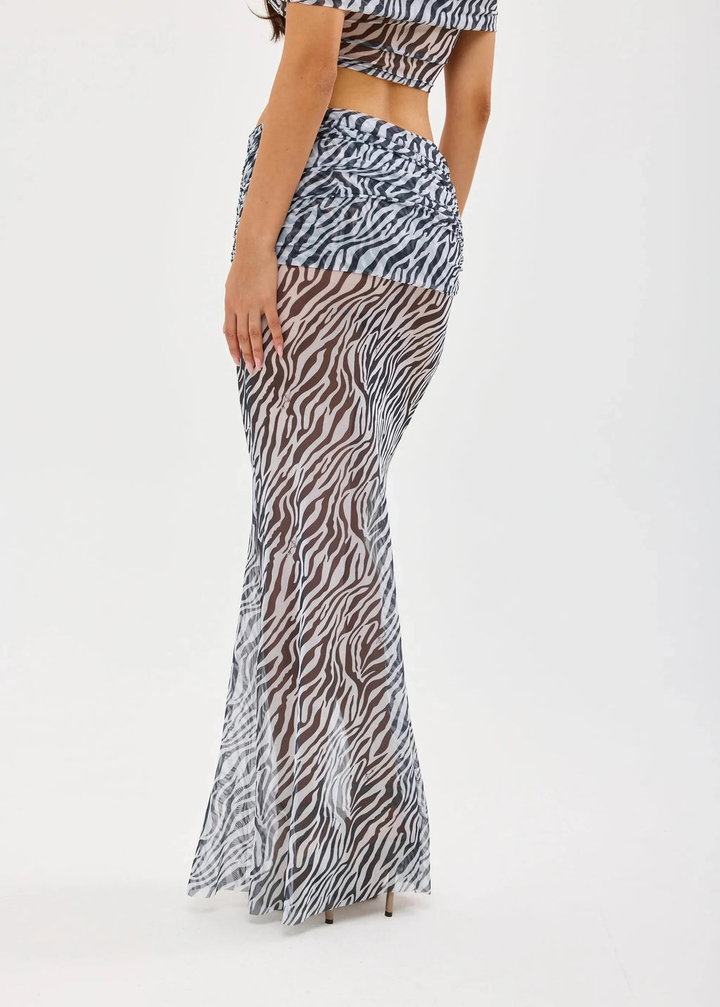 Mesh Two Piece l Set With Long Sleeve Backless Crop Top And Sheer Skirt