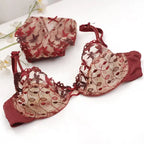 Burgundy Lace Mesh Push Up Bra Set With Embroidery Ultra Thin Sexy Lingerie For Women