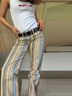 Vivid Multicolor Stripe Wide Leg Jeans With Pockets Low Waist Denim Trousers