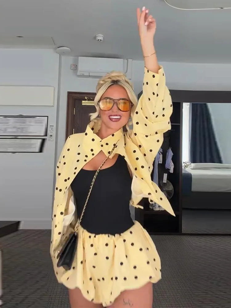 Yellow Polka Dot Pleated Set With Balloon Shorts And Cropped Top