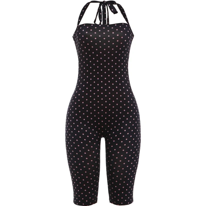 Polka Dot Backless Halter Romper In Peach With Lace Up Detail
