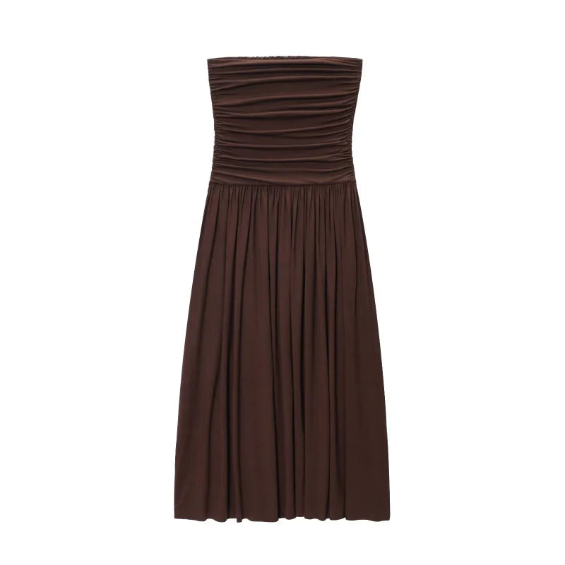 Elegant Strapless Off Shoulder Pleated Maxi Dress With Slim Silhouette