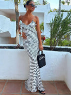 Backless Dot Print Floral Maxi With Spaghetti Straps