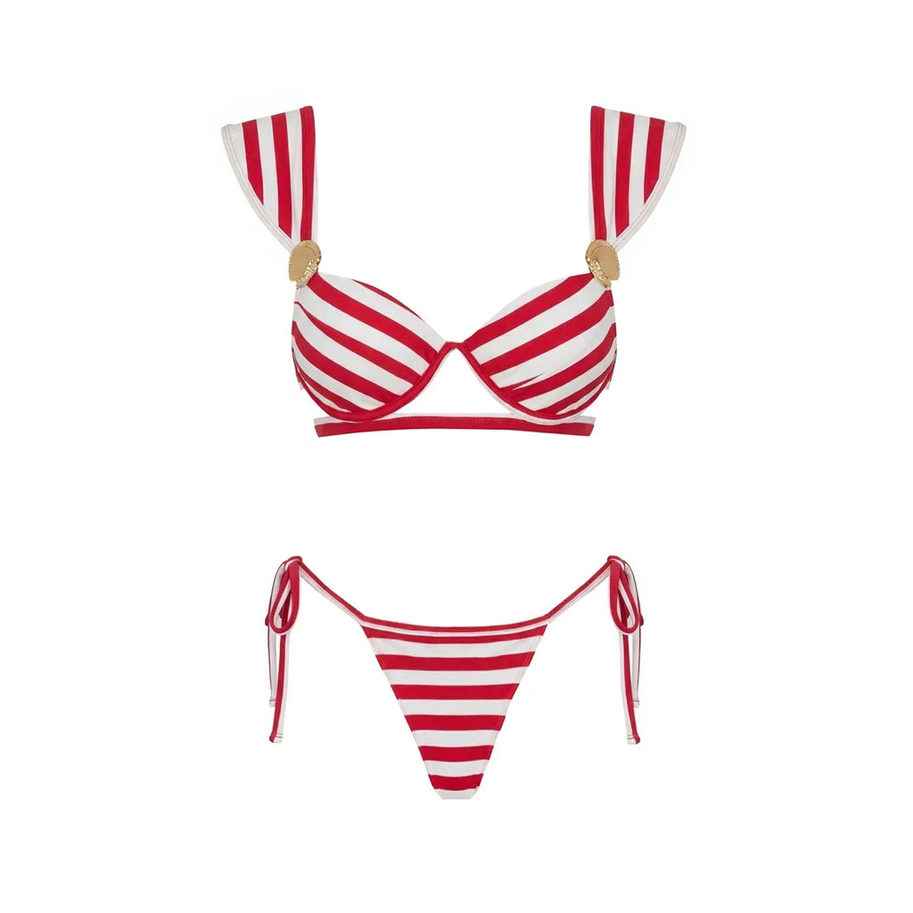 White Striped Two Piece Swimsuit With Halter Top And Long Skirt Beachwear For Summer Vacations