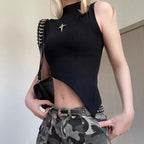 Crop Knit Vest With High Neck And Asymmetrical Hem