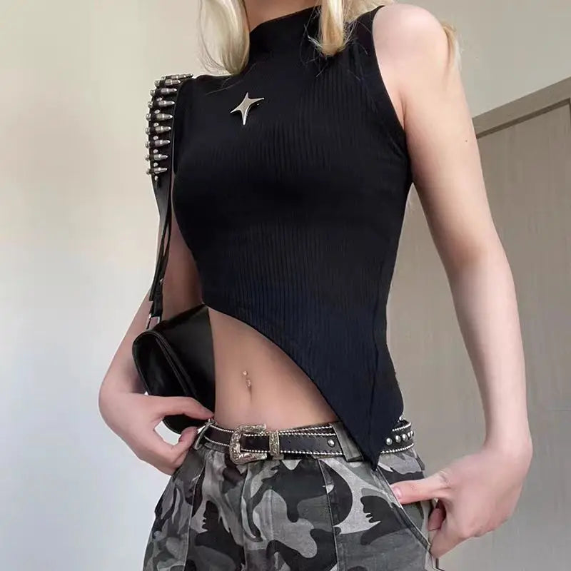Crop Knit Vest With High Neck And Asymmetrical Hem