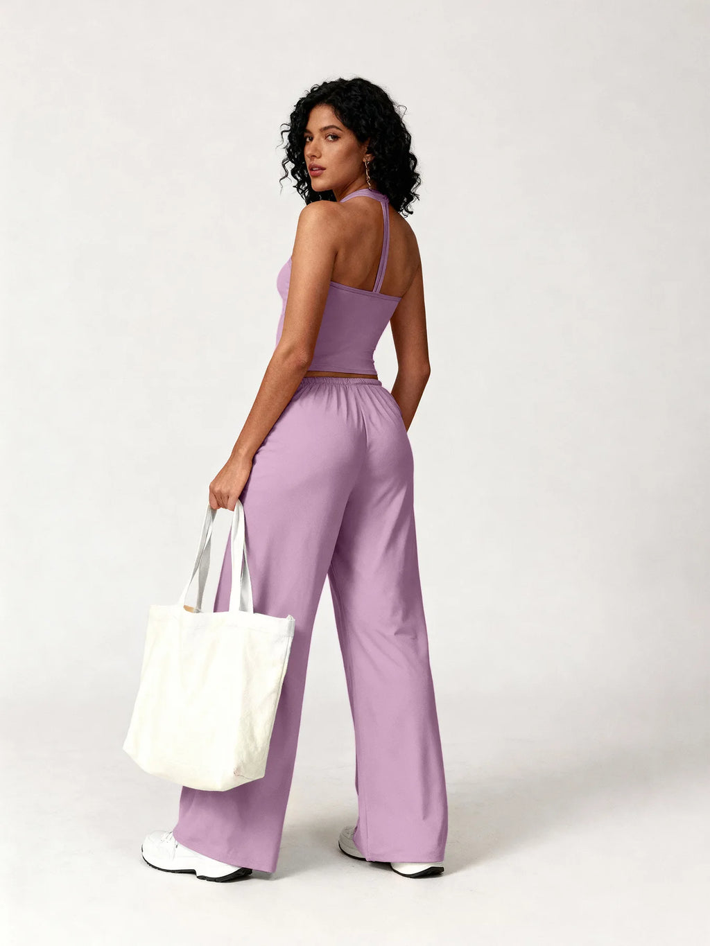 Two Piece Set With Sleek V Neck Tank Backless Detail And Wide Leg Pants