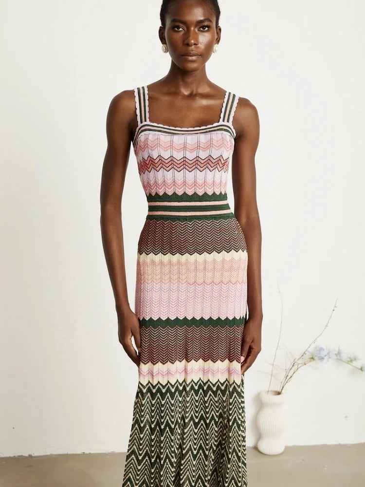 Boho Knitted Zigzag Maxi Dress For Women Sleeveless High Elasticity Long Festival Style