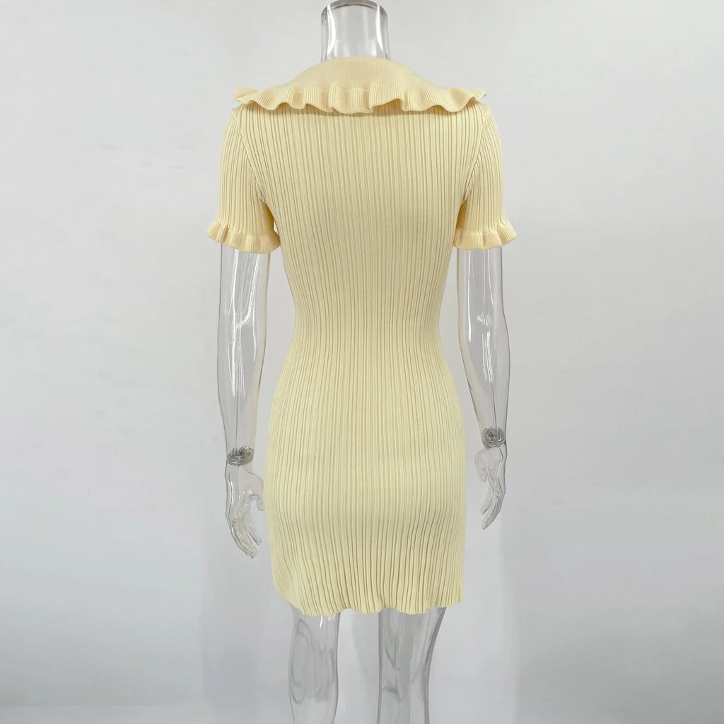 Ruffled High Waist Mini Dress Short Sleeve Knit Elegant Vintage