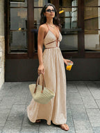 Sea Breeze Striped Deep V Beach Dress With Backless Sleeveless Maxi