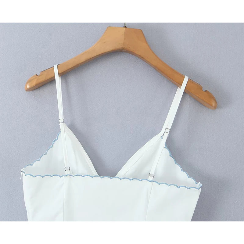 Wave Edged White Camis Sexy Bow V Neck Cotton Slim Crop Top