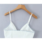 Wave Edged White Camis Sexy Bow V Neck Cotton Slim Crop Top
