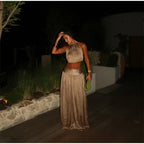 Two Piece Set Solid Color O Neck Top With Backless Lace Up And High Waist A Line Skirt