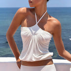 Cross Neck Backless Camisole With Waist Cinch And Pleated Detail