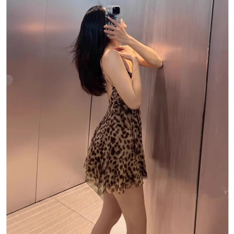 Leopard Print Tulle Slip Dress With Backless Draped