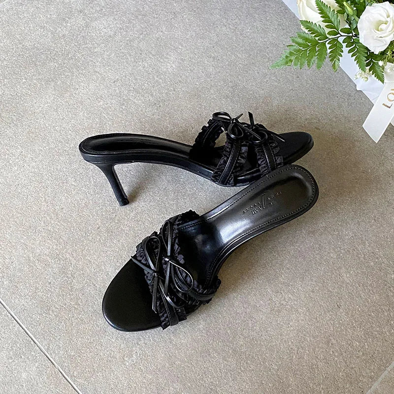 Butterfly Knot Heeled Slippers For Women Round Toe Slip On Sandals With Slim Heels