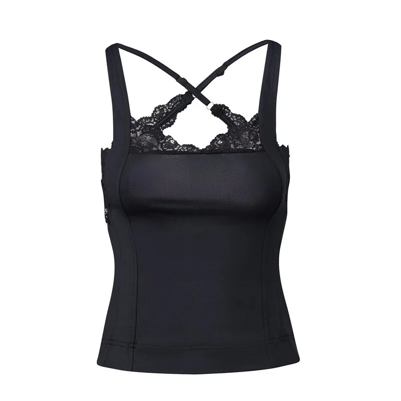 Vintage Y2K Lace Trim Halter Women Sleeveless Backless Camisole Slim Fit Crop Tank Top