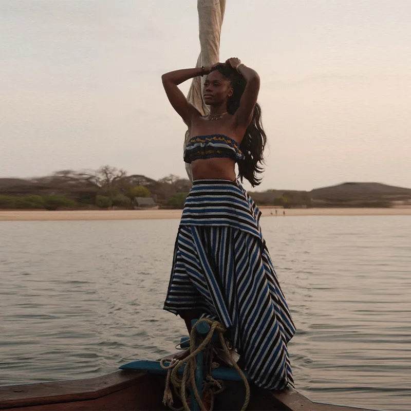 Bohemian Blue Striped Two-piece Set Strapless Ruffled Crop Top Tiered Maxi Skirt