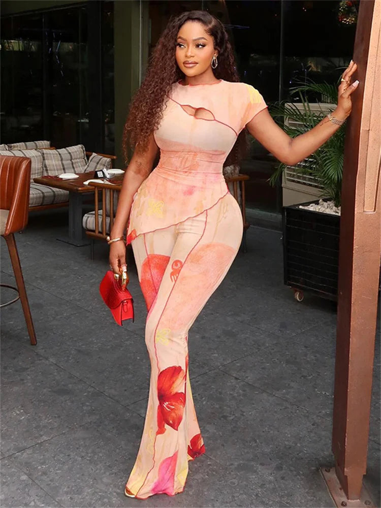 Floral Two Piece Set Elegant O-Neck Top And Flare Pants