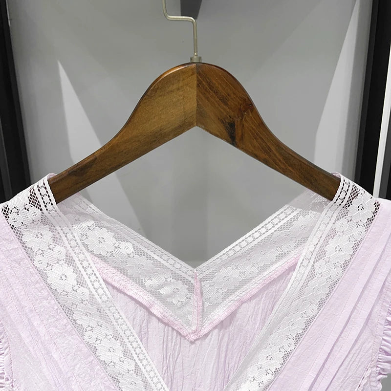 Sweet Lace V Neck Blouse With Ruffles And Flutter Sleeves