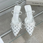 Satin Butterfly Polka Dot Pointed Toe Mules For Women Low Heel Pumps