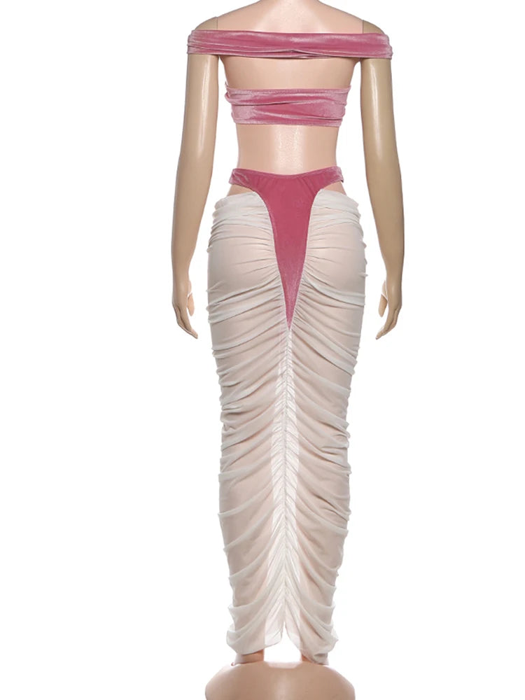 Velvet Two-piece Set Hollow Tank Top And Ruched Skirt Coquette Vibe