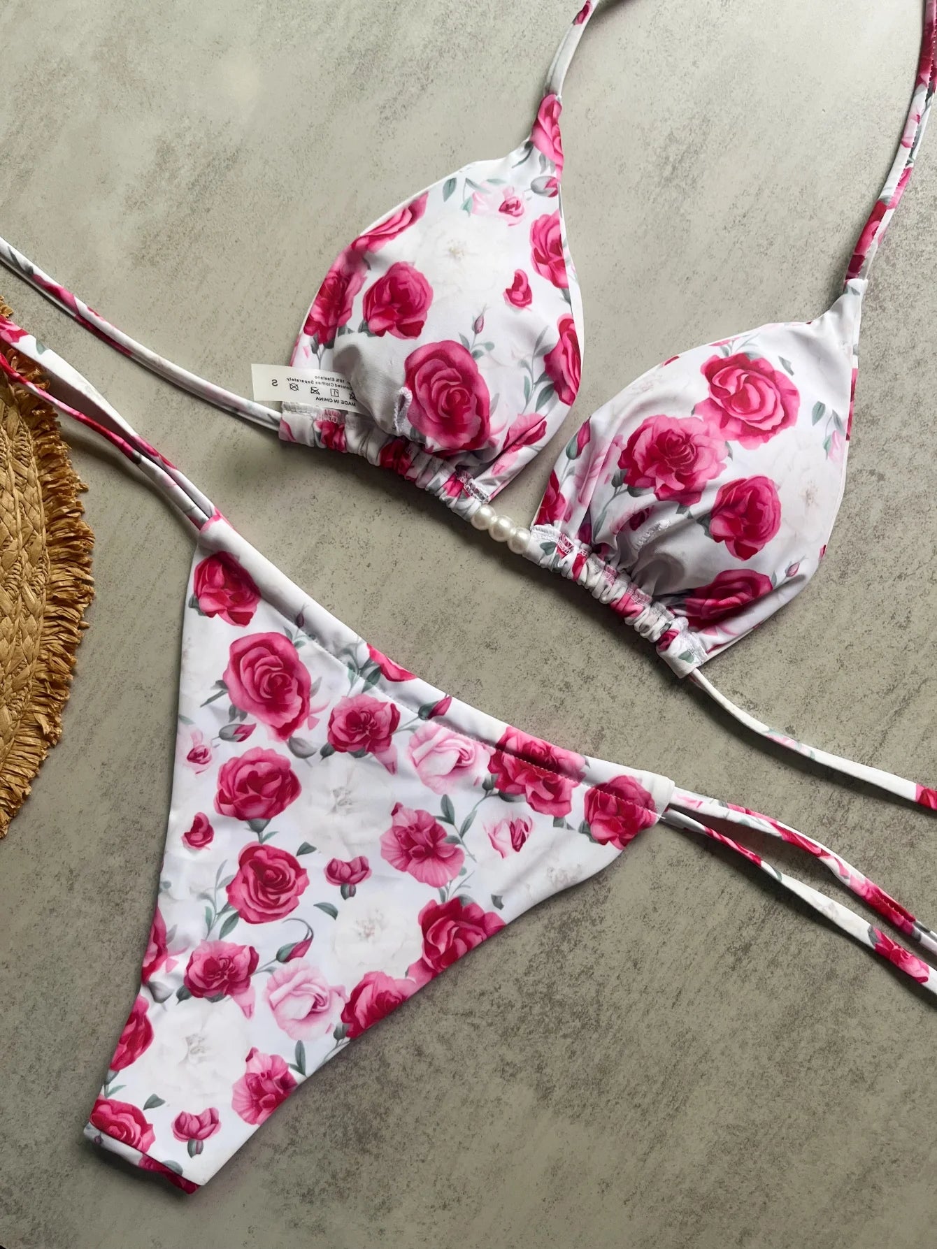 Pearl Accent Halter Bikini Set Luxury Brazilian Beachwear Push Up Swimsuit Print