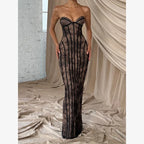 Elegant Backless Strapless Tulle Maxi Dress With Patchwork Print Off Shoulder Evening Gown