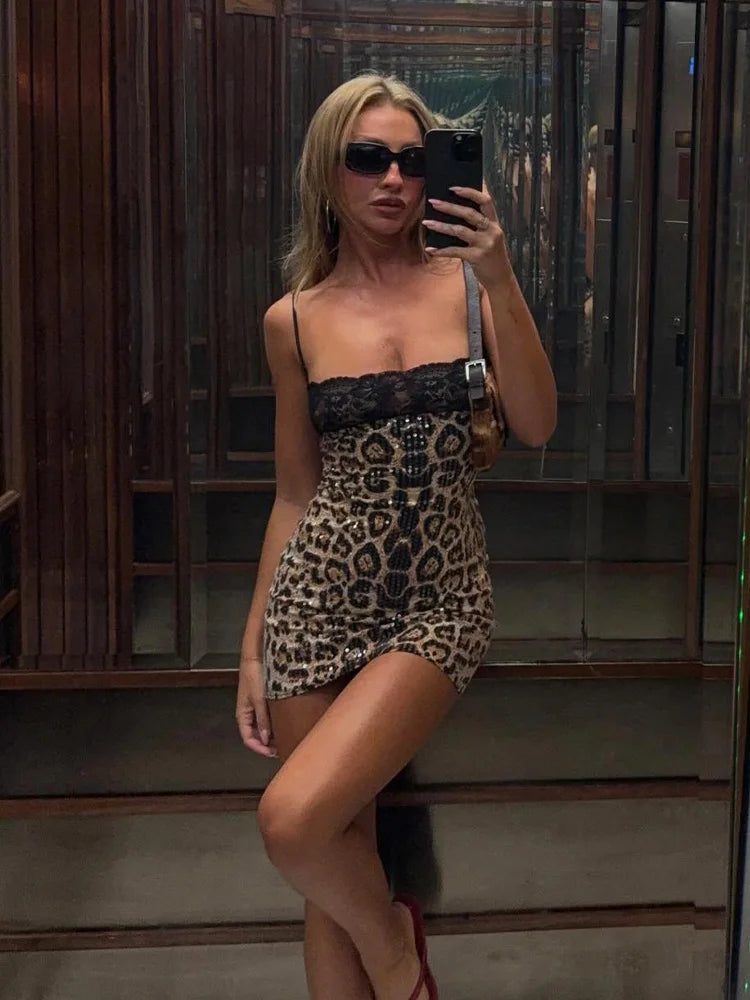Leopard Lace Camisole Mini Dress With Sequins Patchwork Sleeveless
