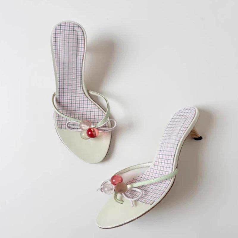 Candy Color Beaded Bow Sandals With Glass Ball Thong Open Toe Cat Heel Slip On Mules