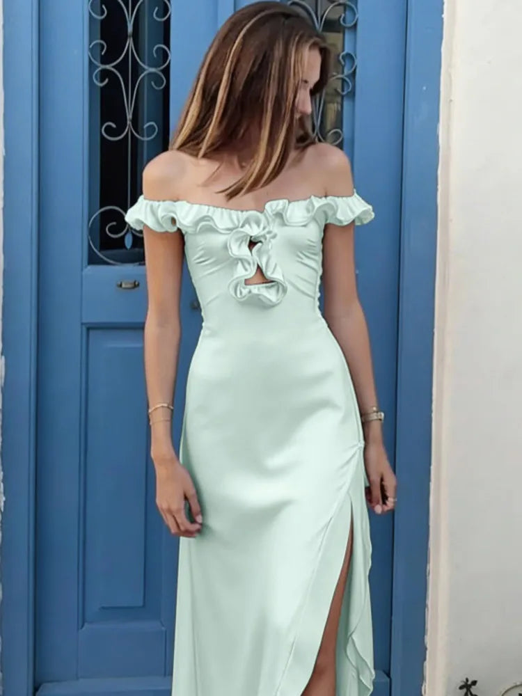 Off Shoulder Ruffle Midi Dress With Front Cutout High Waist Side Split