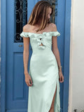 Off Shoulder Ruffle Midi Dress With Front Cutout High Waist Side Split
