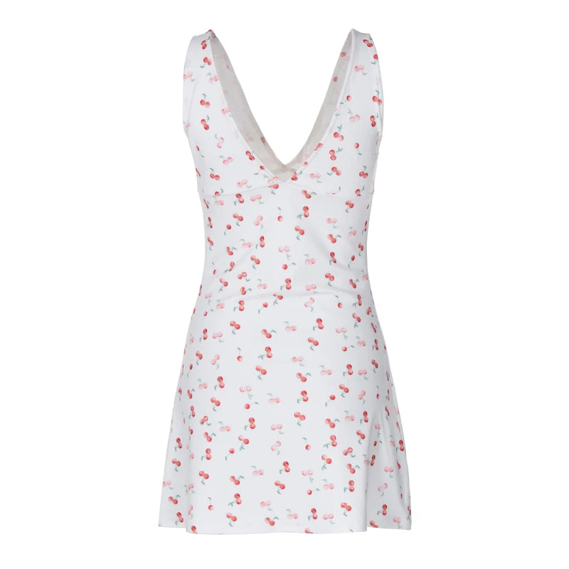 Cherry Print Straps Backless Draped Mini Dress