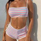 Striped Mid Waist Bikini Female Swimsuit Two-pieces Bikini Set Shorts Padded
