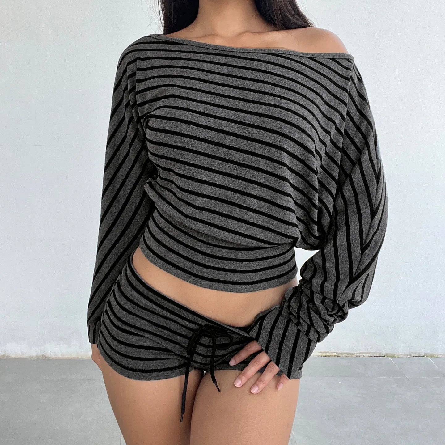 Striped Off Shoulder Crop Top Two Piece Set