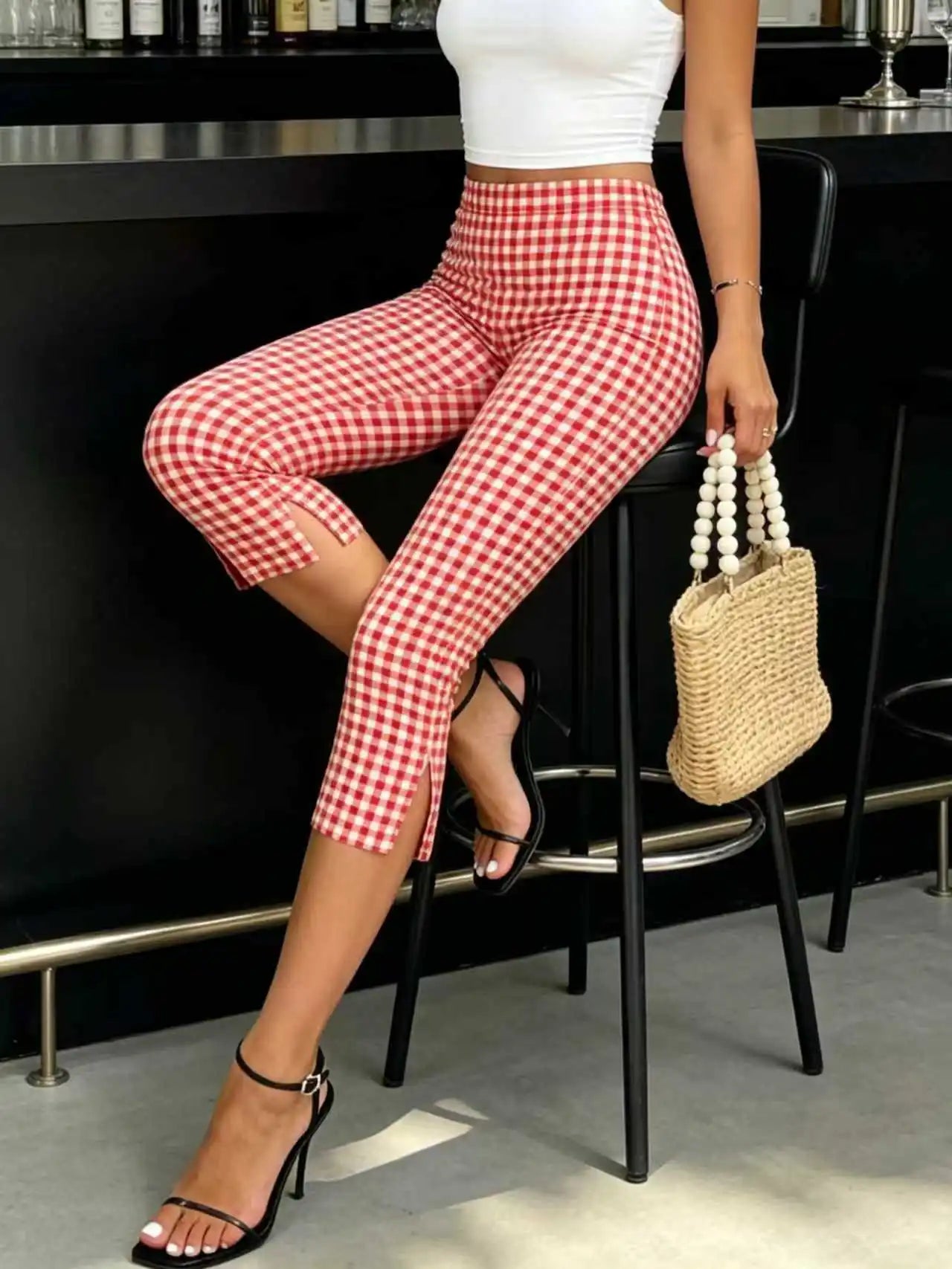 Red And White Checkered Capri Pants With Cuffed Hem Slim Fit Three Quarter Length