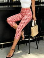 Red And White Checkered Capri Pants With Cuffed Hem Slim Fit Three Quarter Length