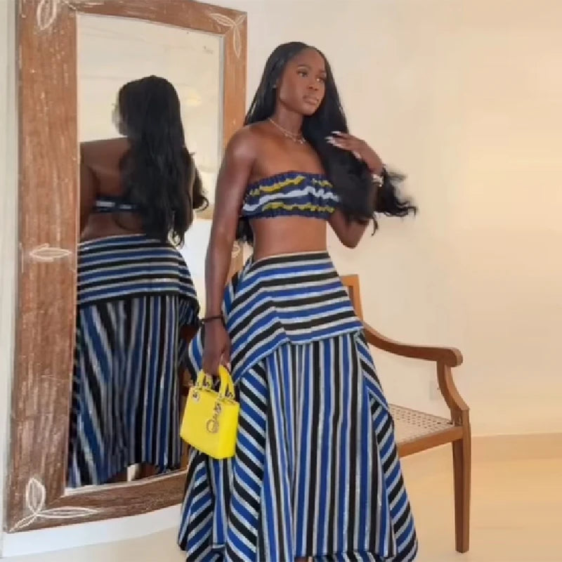 Bohemian Blue Striped Two-piece Set Strapless Ruffled Crop Top Tiered Maxi Skirt