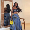 Bohemian Blue Striped Two-piece Set Strapless Ruffled Crop Top Tiered Maxi Skirt