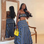 Bohemian Blue Striped Two-piece Set Strapless Ruffled Crop Top Tiered Maxi Skirt