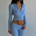Ribbed Knit Two Piece Tracksuit Set With Hooded Crop Top And Elastic Zippered Pants