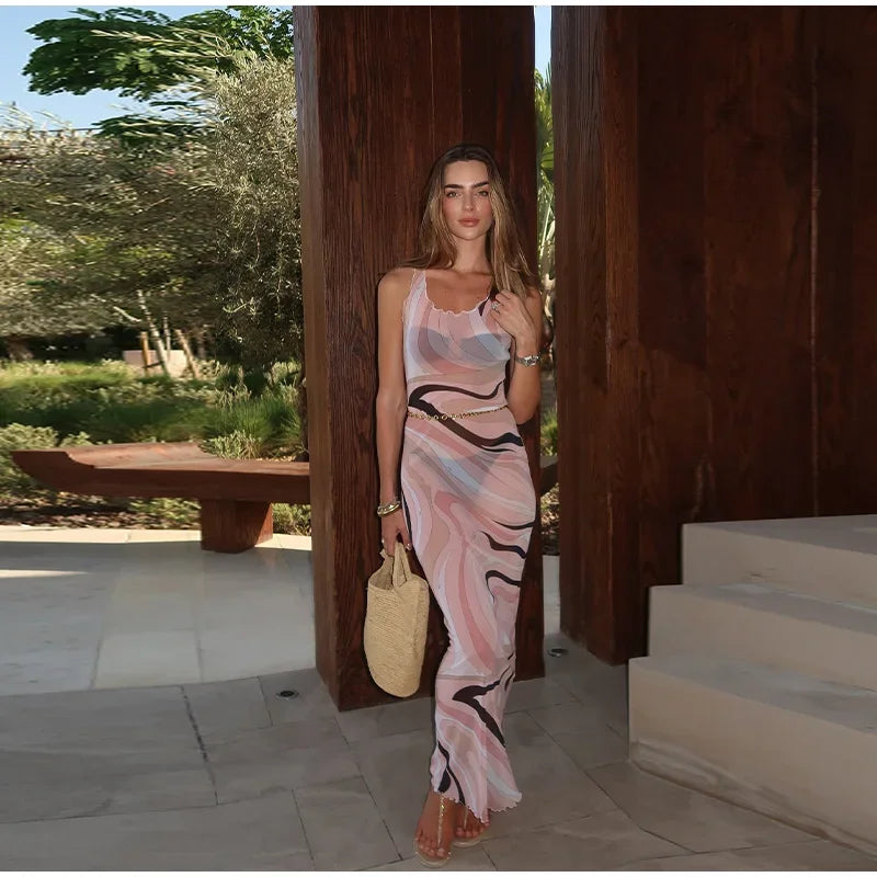 Sheer Mesh Body con Maxi Dress With Print