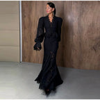 Delicate Lace V-Neck Peplum Top With Flare Sleeves And High Waist Mermaid Hem Elegant Evening Set