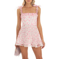 Double Layer Backless Cami Dress With Floral Print And Tie Up Shoulder Straps Mini Length