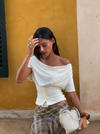 Waisted One-shoulder Irregular Cut Short-sleeved Top