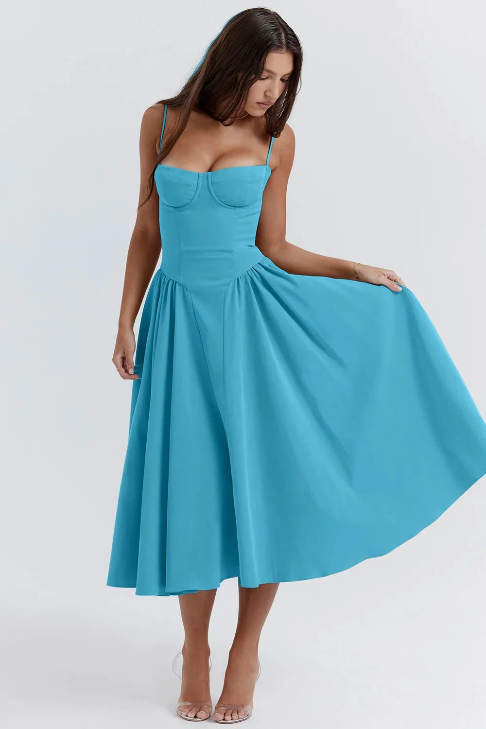 Backless Suspender Midi Dress Sleeveless A Line Style For Evening Wear